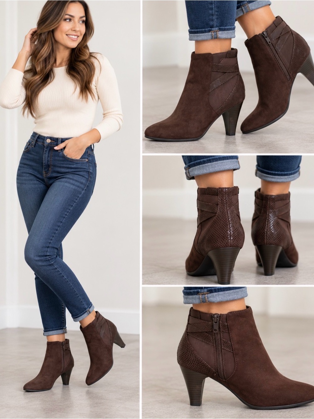 Women's Brown Vegan Suede Ankle Boots - Stylish Heeled Booties